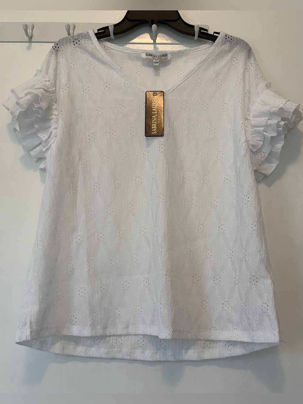 Women’s White Eyelet Ruffle Sleeve Tee - Picture 4 of 12